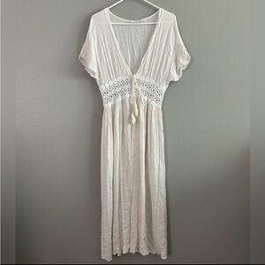 Lavender Field White Boho Duster Tie Front Cardigan Tasseled Crochet Accent Sz M